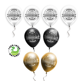 8 BALLONS LATEX JOYEUX ANNIVERSAIRE OR/ARGENT/BLANC/NOIR